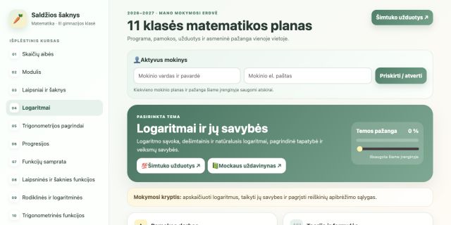 11 klasės platformos ištrauka: temų meniu, logaritmų tema ir pažangos rodiklis