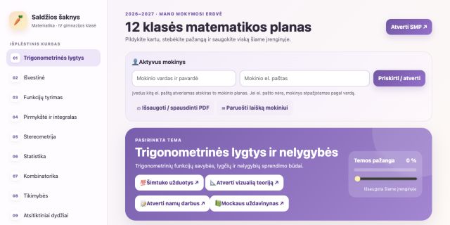 12 klasės platformos ištrauka: temų planas, trigonometrinės lygtys ir pažangos sekimas